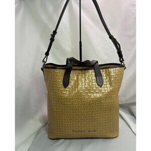 Dooney & Bourke Woven Embossed Leather Tote Bag Natural Tan Brown Trim Shoulder
